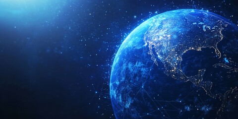 Obraz premium This digital representation of a glowing globe highlights global connectivity among individuals and nations, set against a dark, cosmic background that evokes wonder and exploration