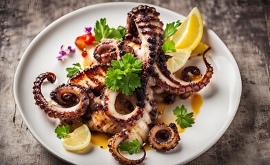 Grilled Octopus with lemon and cilantro, Tender smoky octopus grilled to perfection enhanced by zesty lemon and fresh cilantro, creating a flavorful and refreshing seafood dish.