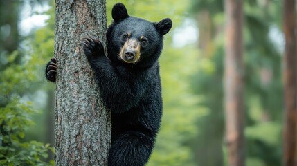 A black bear climbing a tree, with the forest canopy in the background, ideal for themes of wildlife behavior and nature with space for text.