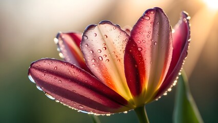 Fototapeta premium A beautiful close-up of a multi-colored tulip with glistening droplets, capturing the essence of spring. Perfect for nature and floral enthusiasts.