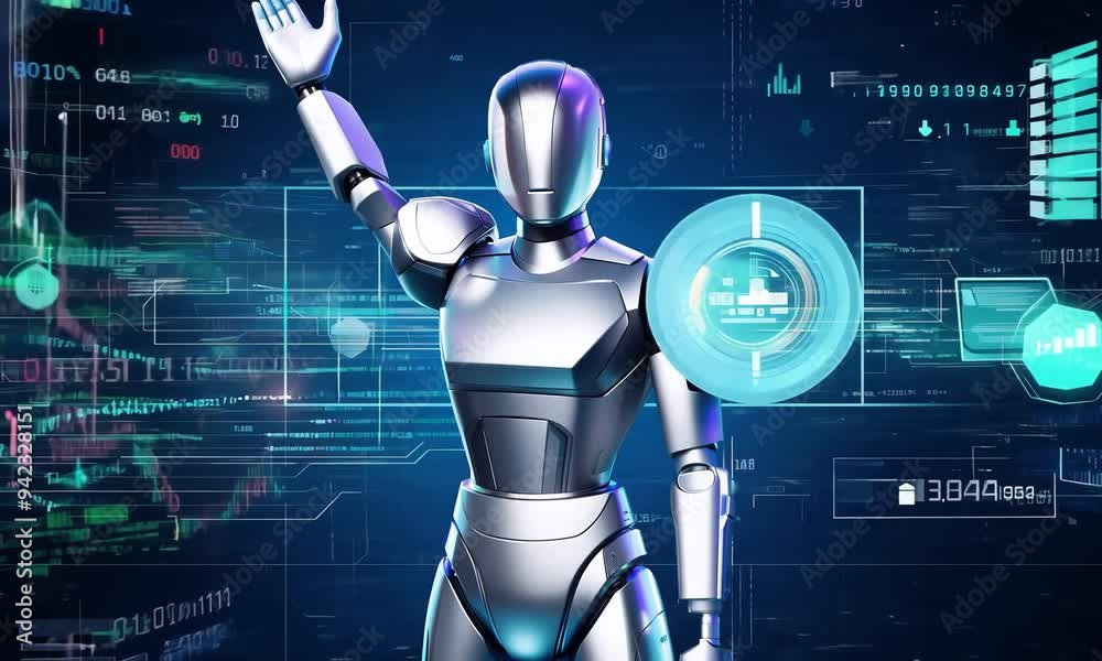Poster exploring the future of artificial intelligence with a humanoid robot in a digital landscape of tech
