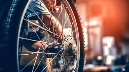 Person mechanic tightens a bolt on a bicycle wheel in well-lit workshop. Concept of precision in bicycle repair and hands-on technical expertise in a professional setting. Close up. Banner copy space