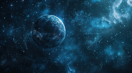 planet image in space with stars and planets, in the style of dark silver and dark blue