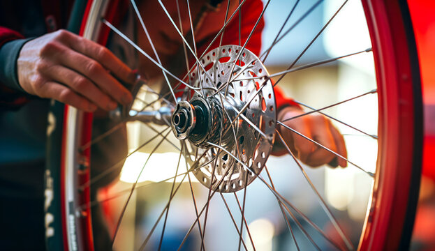Close-up of person hand working on bicycle wheel, adjusting spokes with focused precision. Concept of meticulous bicycle repair, attention to detail and technical expertise in maintaining cycling gear