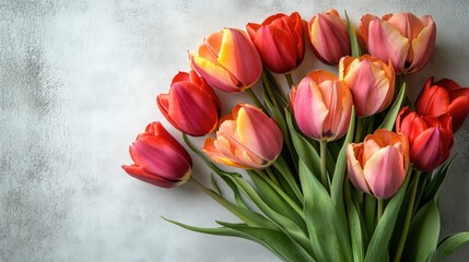 A bouquet of tulips in full bloom, placed on a white table with ample copy space for custom messages.