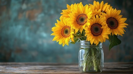 A bouquet of sunflowers in a mason jar, with space for a cheerful message or branding.