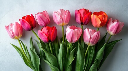 Obraz premium A bouquet of tulips in full bloom, placed on a white table with ample copy space for custom messages.