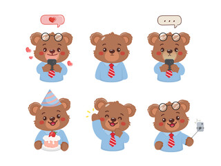 Cute little bear mascot businessman character pose. illustration vector premium.