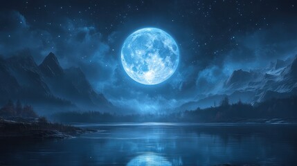 Fototapeta premium A breathtaking blue moon rising over a serene landscape, with its cool, ethereal light casting a magical glow over the scenery with ample copy space.