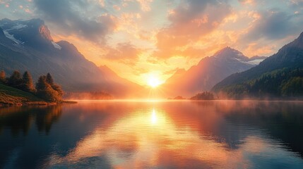 A breathtaking sunrise over a mountain lake, with the sun's rays illuminating the peaks and reflecting off the calm water.