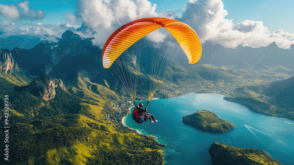 Wall mural a breathtaking view of a traveler paragliding over a scenic landscape, highlighting adventure travel