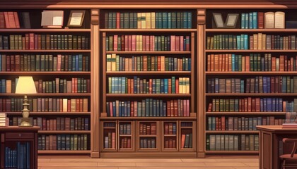 A cozy library filled with colorful books and warm lighting.