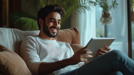 Joyful Man Enjoying Tablet at Home