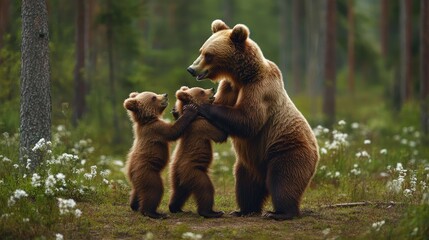 Obraz premium A brown bear mother and her cubs playfully interacting in a forest clearing, capturing the tenderness of wildlife with ample copy space.