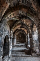 A stone archway corridor with intricate arches and textured walls.