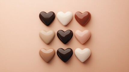Obraz premium hearts of different shades, like skin color, symbolizing different racial affiliations, placed in a row on brown background.Concept of day is zero discrimination, inclusivity, unity, love