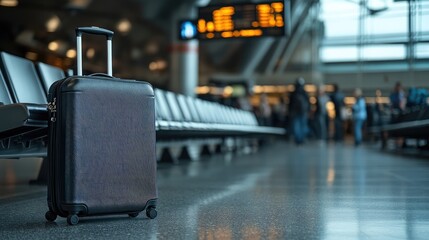 Obraz premium A business suitcase and briefcase placed next to a row of airport seats, with a blurred background of travelers in motion.