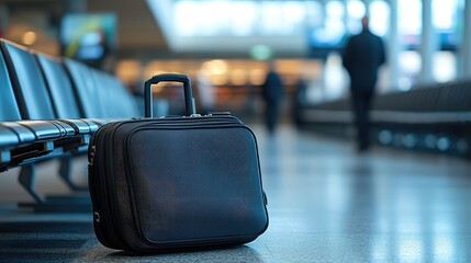 A business suitcase and briefcase placed next to a row of airport seats, with a blurred background of travelers in motion.