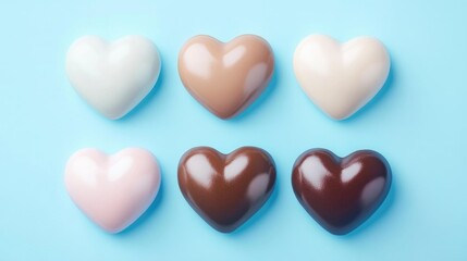 Obraz premium hearts of different shades, like skin color, symbolizing different racial affiliations, placed in a row on blue background.Concept of day is zero discrimination, inclusivity, unity, love