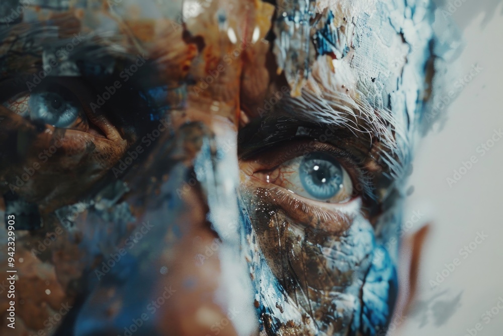 Poster a close-up shot of a person's face covered in paint, ideal for creative projects and art-related use
