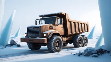A heavy-duty dump truck navigates through a snowy landscape, showcasing its durability and strength in harsh, wintery conditions.
