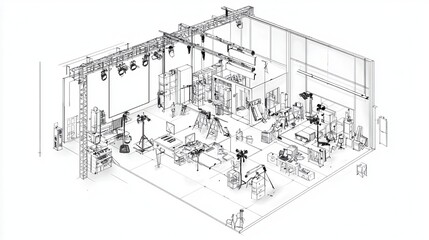 Isometric Sketch of a Film Set with Equipment and Lighting