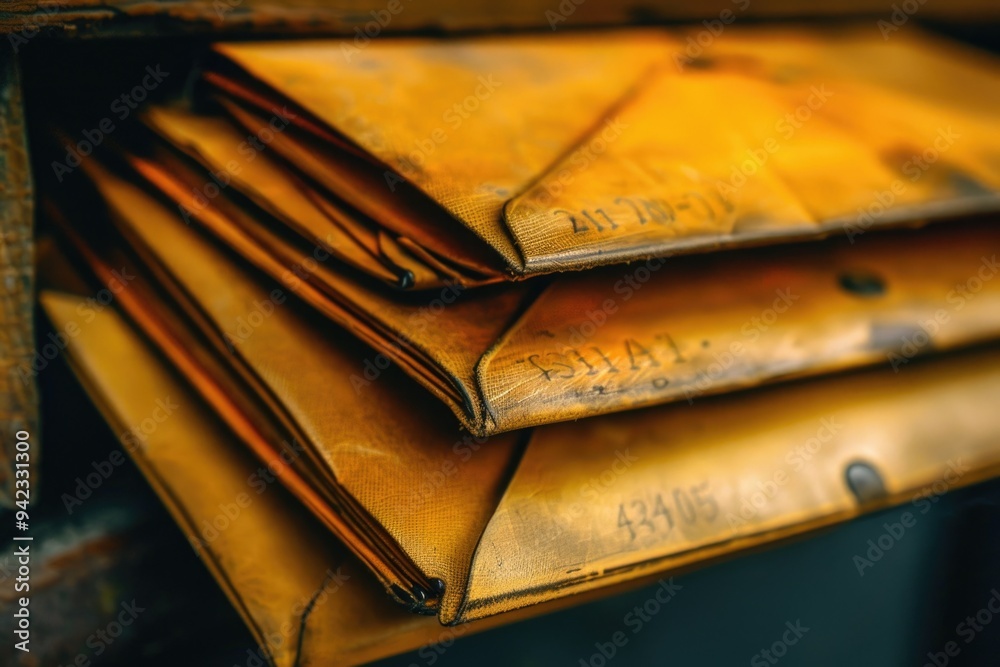 Poster stack of yellow envelopes resting on a wooden shelf, great for office or home use