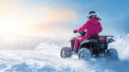 Winter Wonderland Adventures: Embracing the thrill, a young adventurer navigates a snowy mountain trail on an ATV, bathed in the golden glow of sunset. 