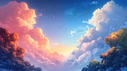 A cartoon scene with colorful, soft-edged clouds floating above a magical landscape, adding a dreamy and whimsical touch.