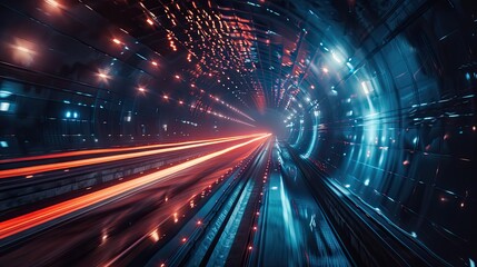 Track tunnel for light speed vehicles. Futuristic technology background.