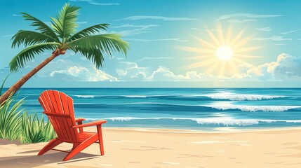 A cartoon-style beach chair under a palm tree, with the ocean and a bright sun in the background.