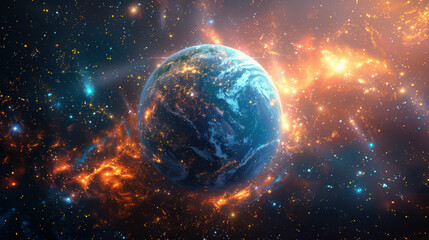 Obraz premium Galaxy, big beautiful planet earth, free space for text, colorful fantasy realism style