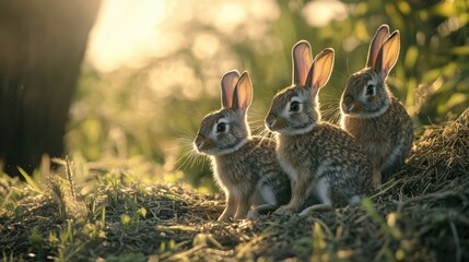 Fototapeta premium Three Cute Bunnies in Grass at Sunset