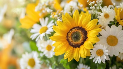 Obraz premium A cheerful birthday flower arrangement with sunflowers and daisies, leaving room for a personalized message.