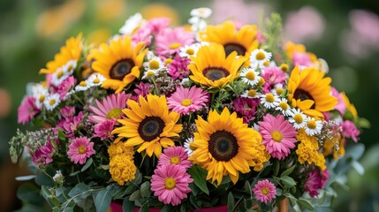 A cheerful birthday flower arrangement with sunflowers and daisies, leaving room for a personalized message.
