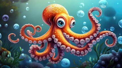Fototapeta premium A cheerful cartoon octopus swimming underwater, with bubbles and seaweed around, ideal for lighthearted and fun designs with ample room for messaging.