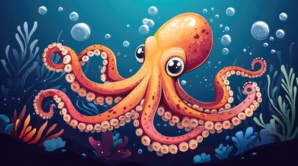 Fototapeta premium A cheerful cartoon octopus swimming underwater, with bubbles and seaweed around, ideal for lighthearted and fun designs with ample room for messaging.