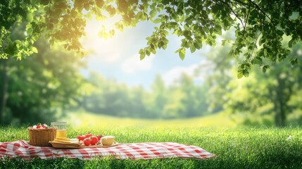 A cheerful summer background featuring a picnic setup under a shady tree with a clear sky and vibrant greenery, perfect for seasonal designs.