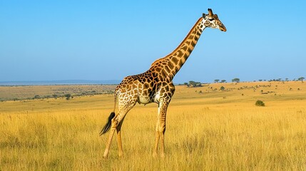Fototapeta premium Giraffe in African Savanna with Blue Sky