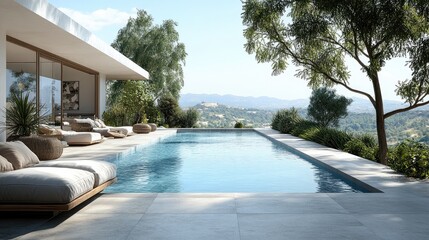 Fototapeta premium A chic pool area with elegant design, comfortable seating, and a beautiful landscape view. Clear copy space.