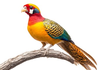 Golden Pheasant Bird Perched on a Branch with White Background, Realistic Photo, Wallpaper, Cover and Screen for Smartphone, Cell Phone, Computer, Laptop, 9:16 and 16:9 Format