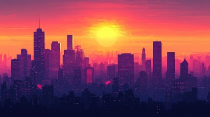 Fototapeta premium A city skyline at sunset, with the buildings silhouetted against the glowing orange and pink sky.
