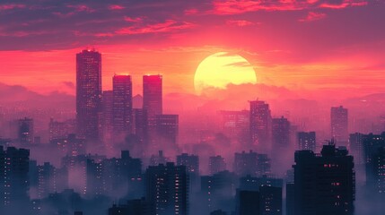 Fototapeta premium A city skyline at sunset, with the buildings silhouetted against the glowing orange and pink sky.