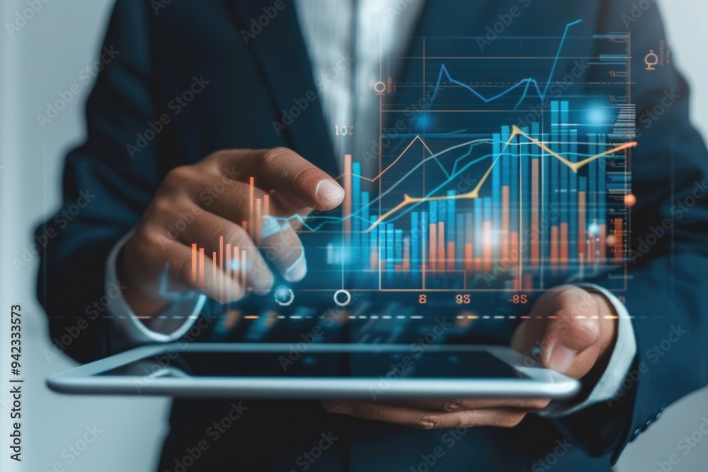 Poster a business professional holding a tablet device, ideal for use in presentations or digital communica