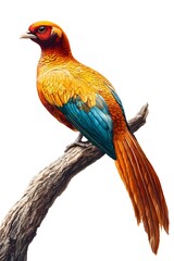 Golden Pheasant Bird Perched on a Branch with White Background, Realistic Photo, Wallpaper, Cover and Screen for Smartphone, Cell Phone, Computer, Laptop, 9:16 and 16:9 Format