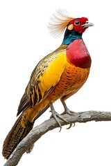 Golden Pheasant Bird Perched on a Branch with White Background, Realistic Photo, Wallpaper, Cover and Screen for Smartphone, Cell Phone, Computer, Laptop, 9:16 and 16:9 Format
