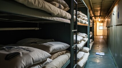 Dormitory hallway with stacked bunk beds and lighting