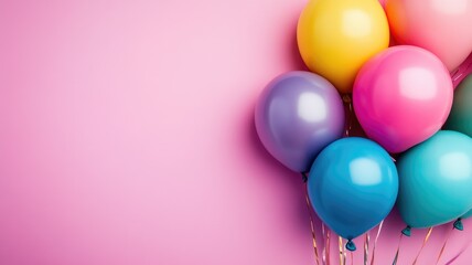 Colorful balloons against pink background with light reflections
