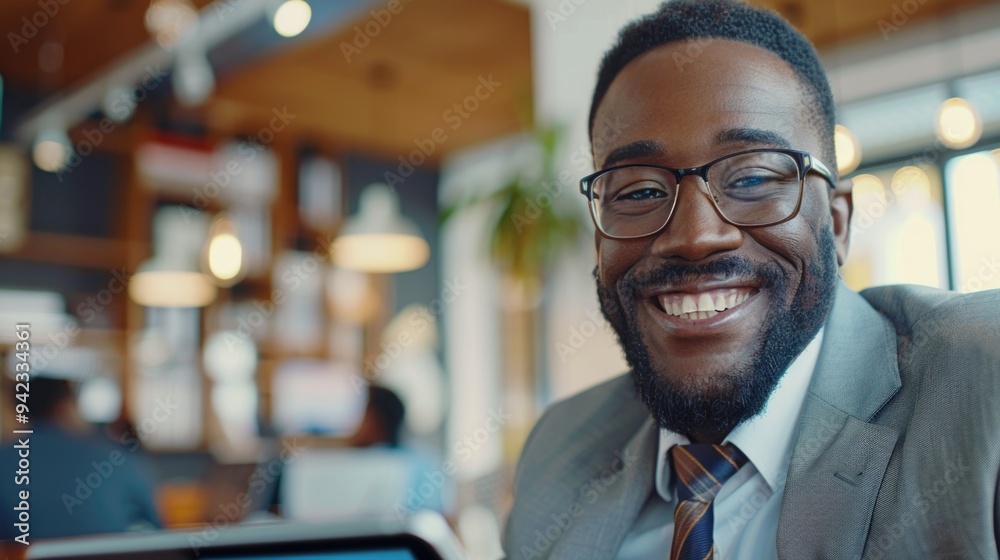 Poster man in suit and tie sits at desk with open laptop, focused on work
