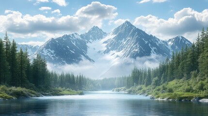 Fototapeta premium A clipart of a mountain range with a river flowing through it, perfect for outdoor adventure themes with ample room for messaging.